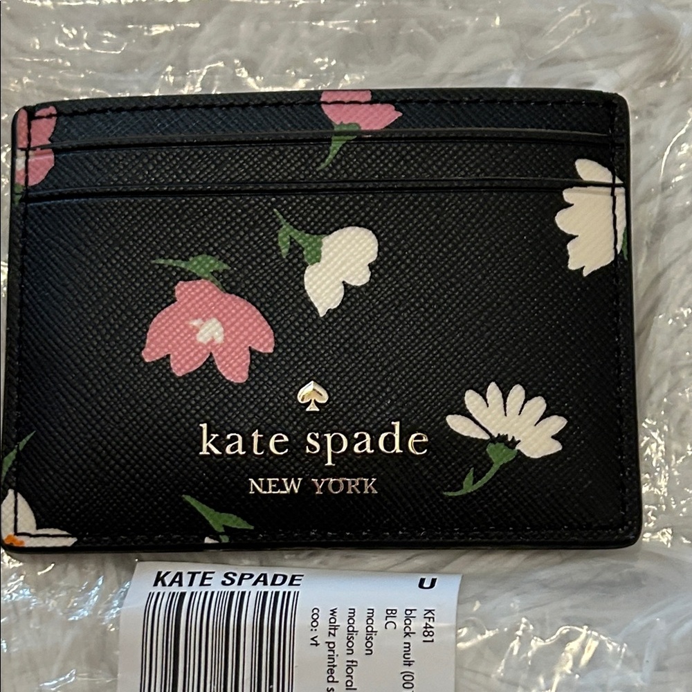 Kate Spade Black with Pink and White Floral Card Holder NWT